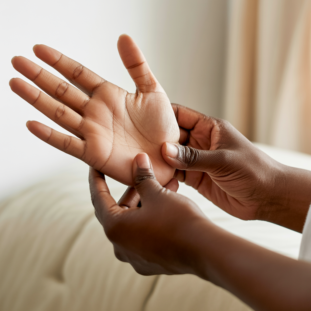 Close-up of hands demonstrating self-examination for skin screening on darker skin